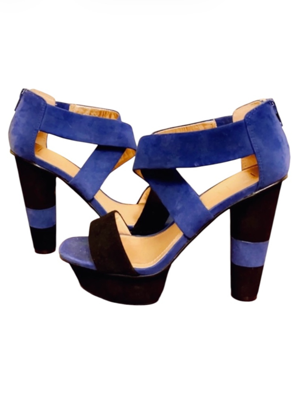 BCBG Paris Blue Black Colorblock Suede Platform Heels Chunky Pump Size 8